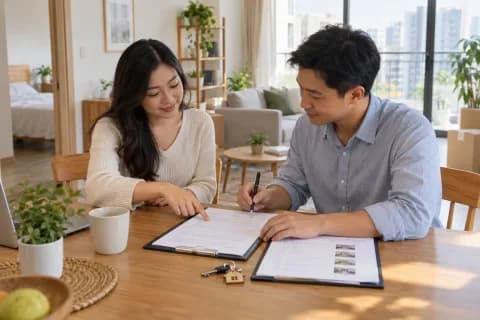 Người thuê và người cho thuê cùng xem hợp đồng tại bàn