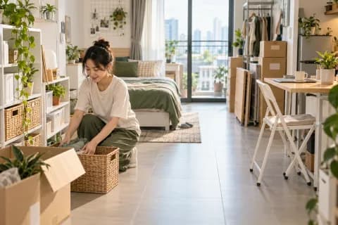 Người thuê sắp xếp đồ vào giỏ lưu trữ trong căn hộ nhỏ sáng