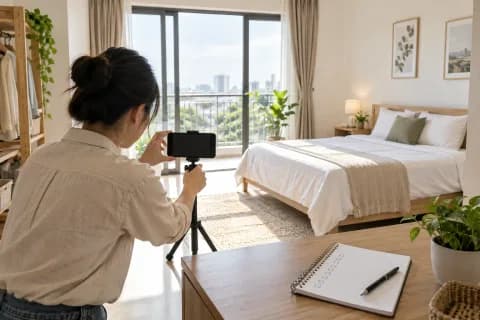 Chủ nhà dùng điện thoại và chân máy chụp một phòng ngủ sáng